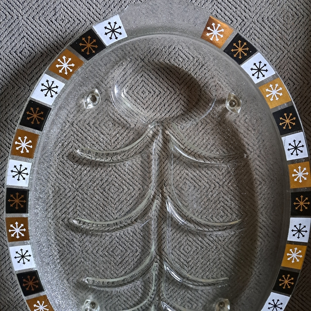 Vtg MCM Inland Glass Tree Of Life Gold/Black  Meat/ Fish Platter W/ Legs